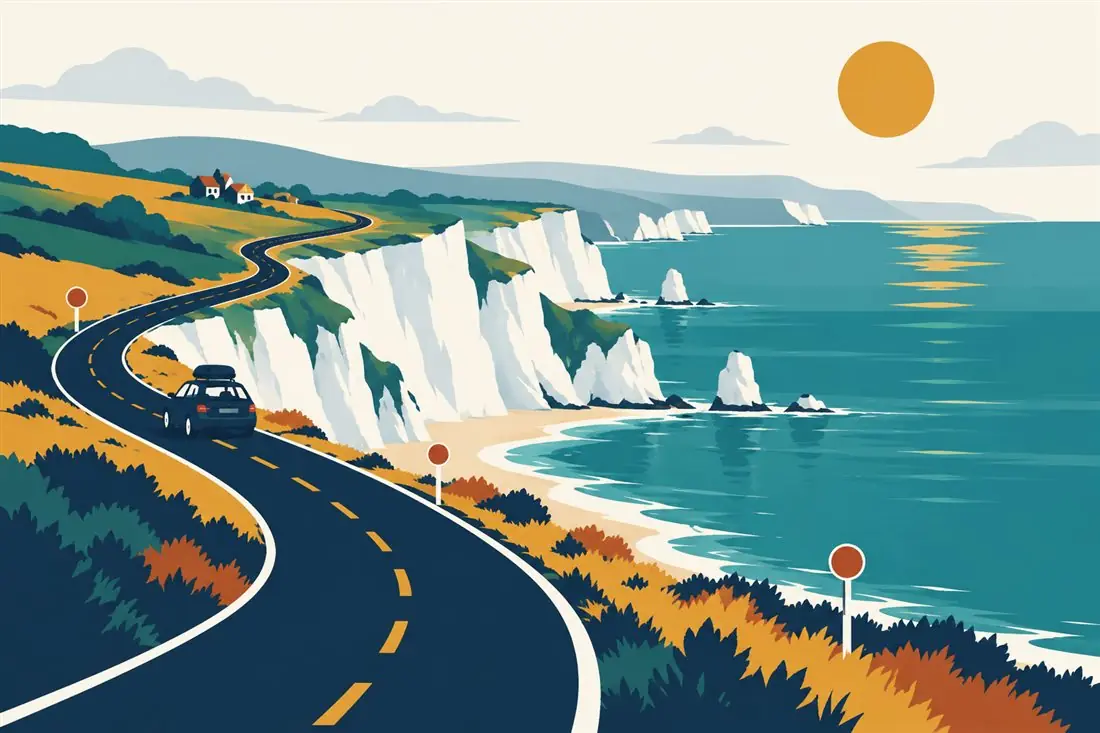 Illustration of a winding coast road above white cliffs and a turquoise sea, with a car heading along it