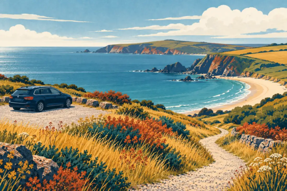 Illustration of an estate car parked on a gravel lay-by above a sheltered sandy bay, with a footpath leading down through the grasses