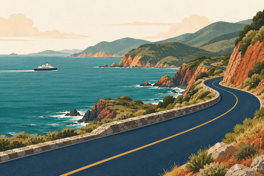 Illustration of a navy coast road winding above a teal sea, with a small passenger ferry crossing the bay and wooded headlands beyond