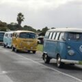 a row of vw buses driving down a street