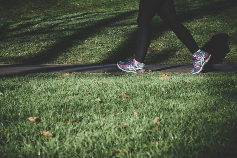 shallow focus photography of person walking on road between grass