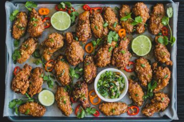 cooked food on black tray